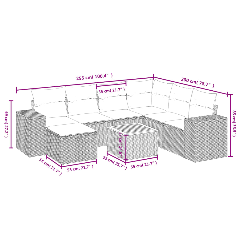 8-delige Loungeset met kussens poly rattan zwart