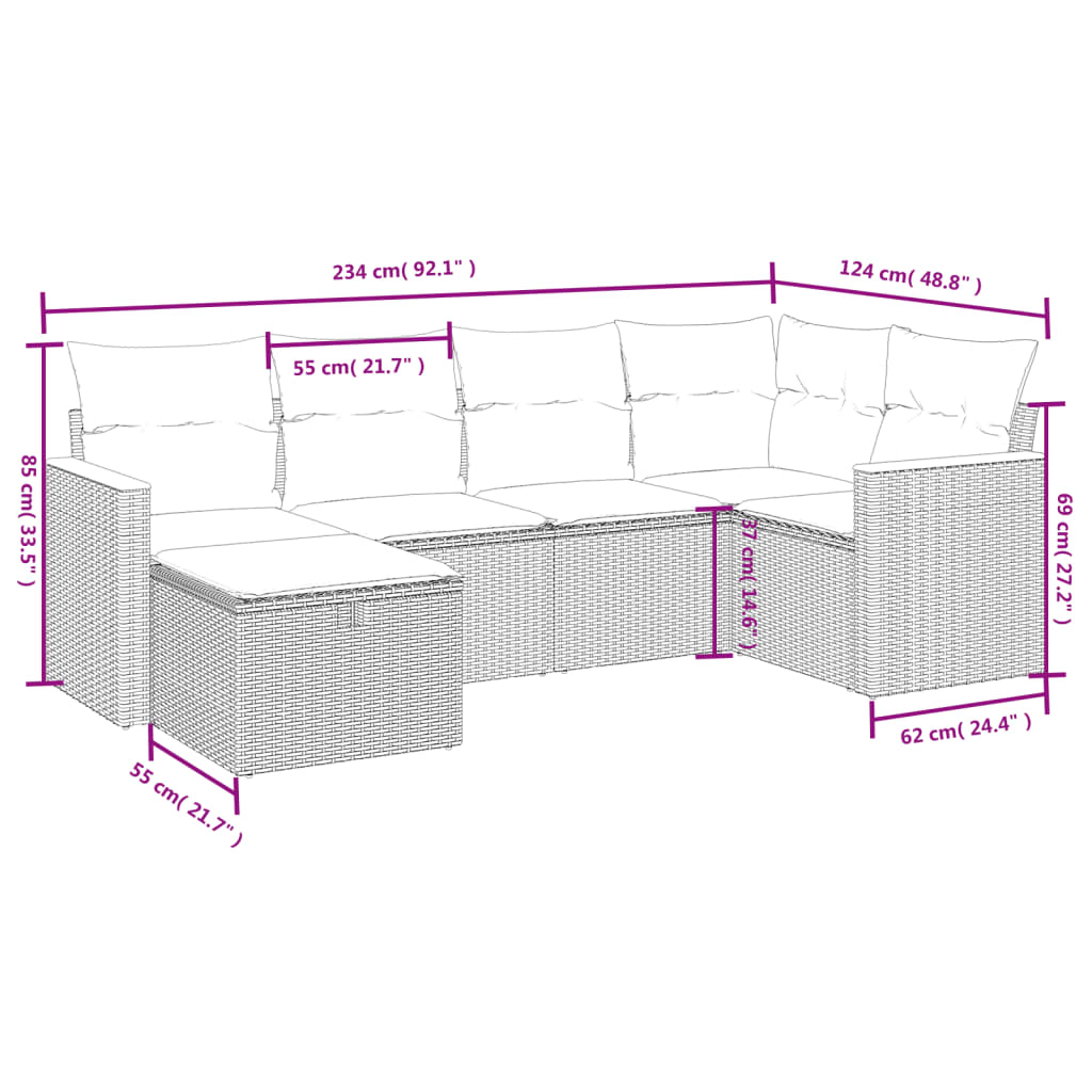6-delige Loungeset met kussens poly rattan zwart