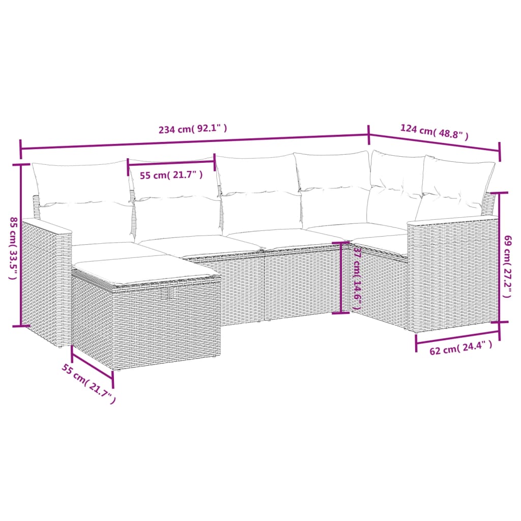 6-Delige Loungeset Met Kussens Poly Rattan Grijs