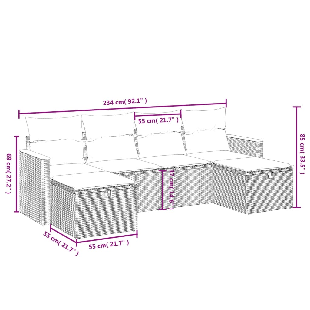 6-Delige Loungeset Met Kussens Poly Rattan Grijs