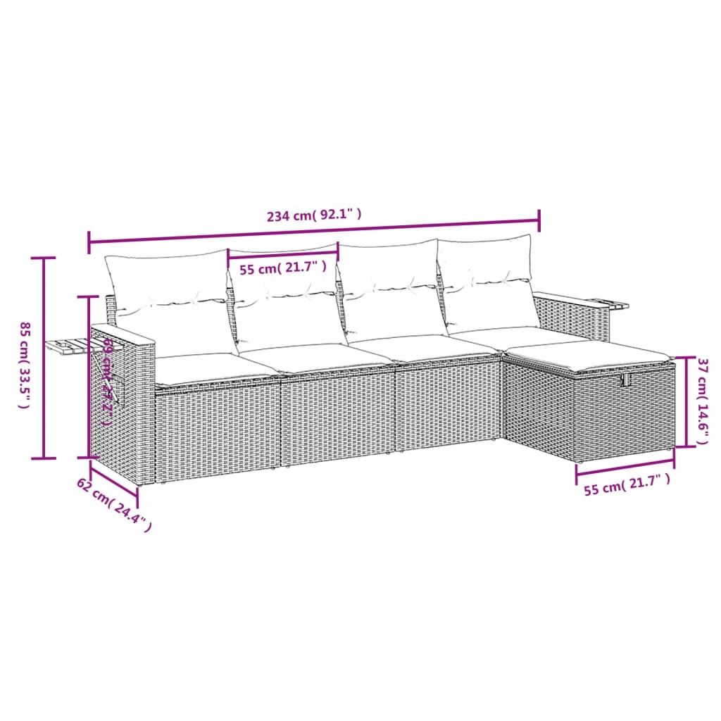 5-delige Loungeset met kussens poly rattan beige