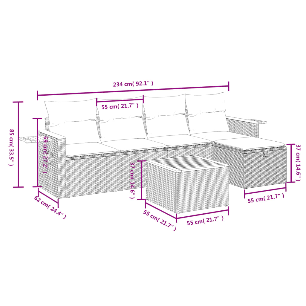 6-delige Loungeset met kussens poly rattan beige