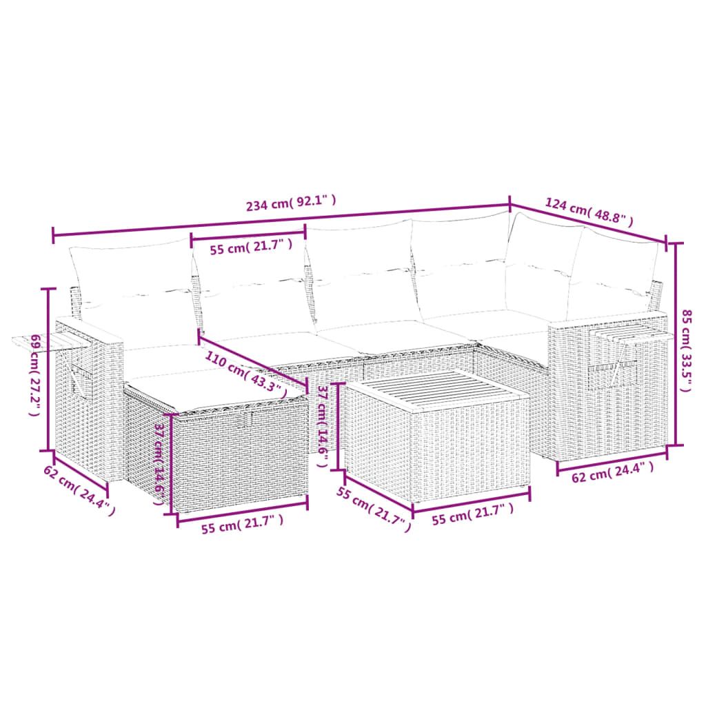 7-delige Loungeset met kussens poly rattan beige