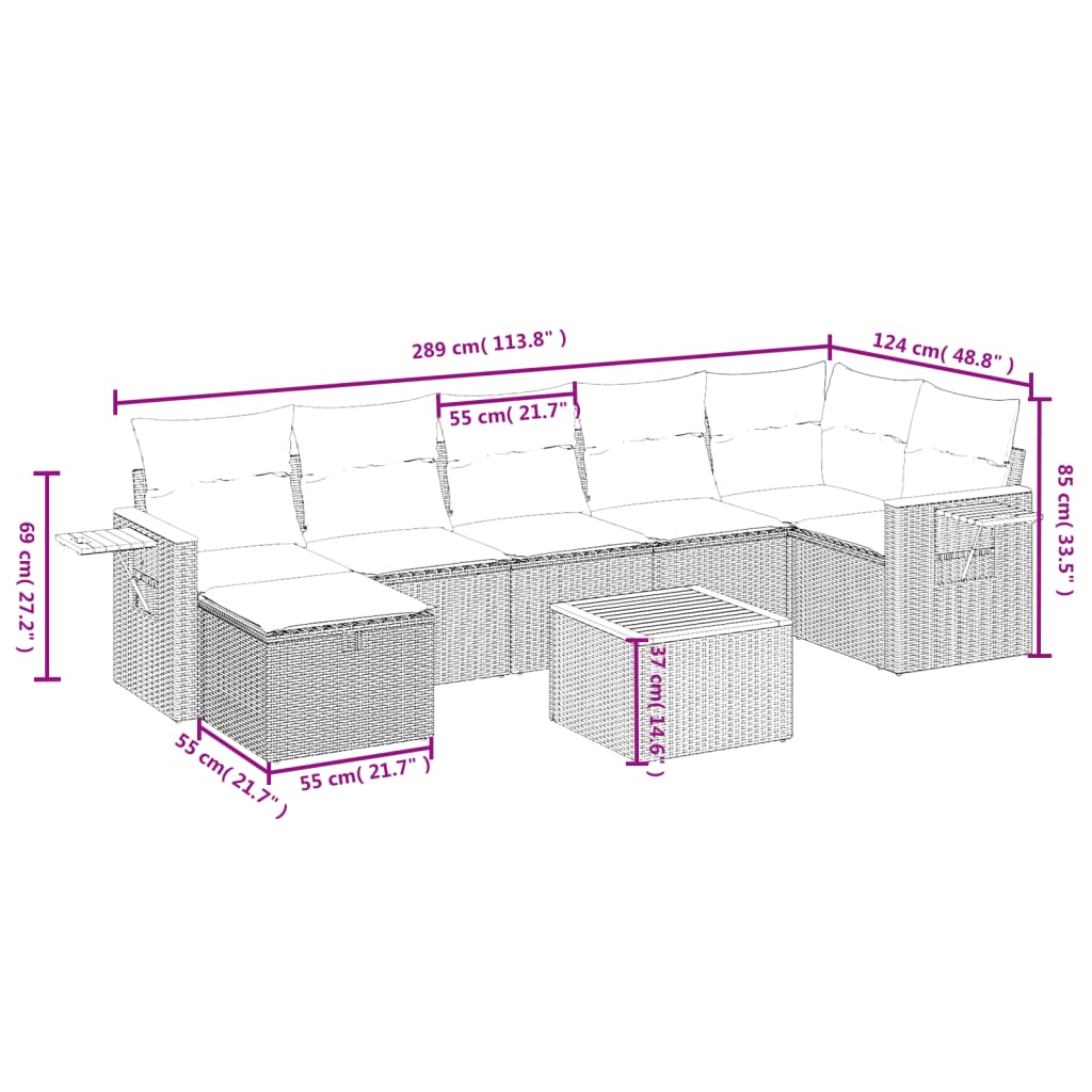 8-Delige Loungeset Met Kussens Poly Rattan Grijs
