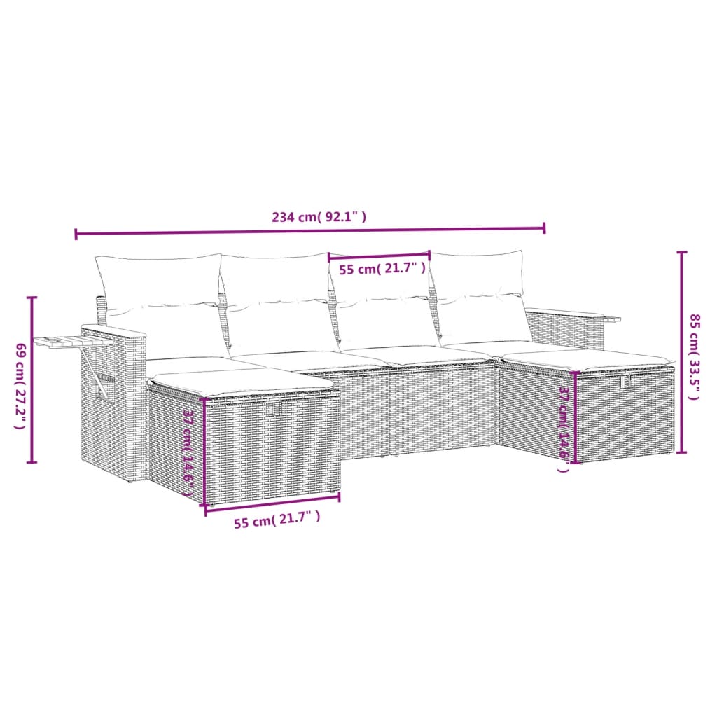 6-delige Loungeset met kussens poly rattan beige