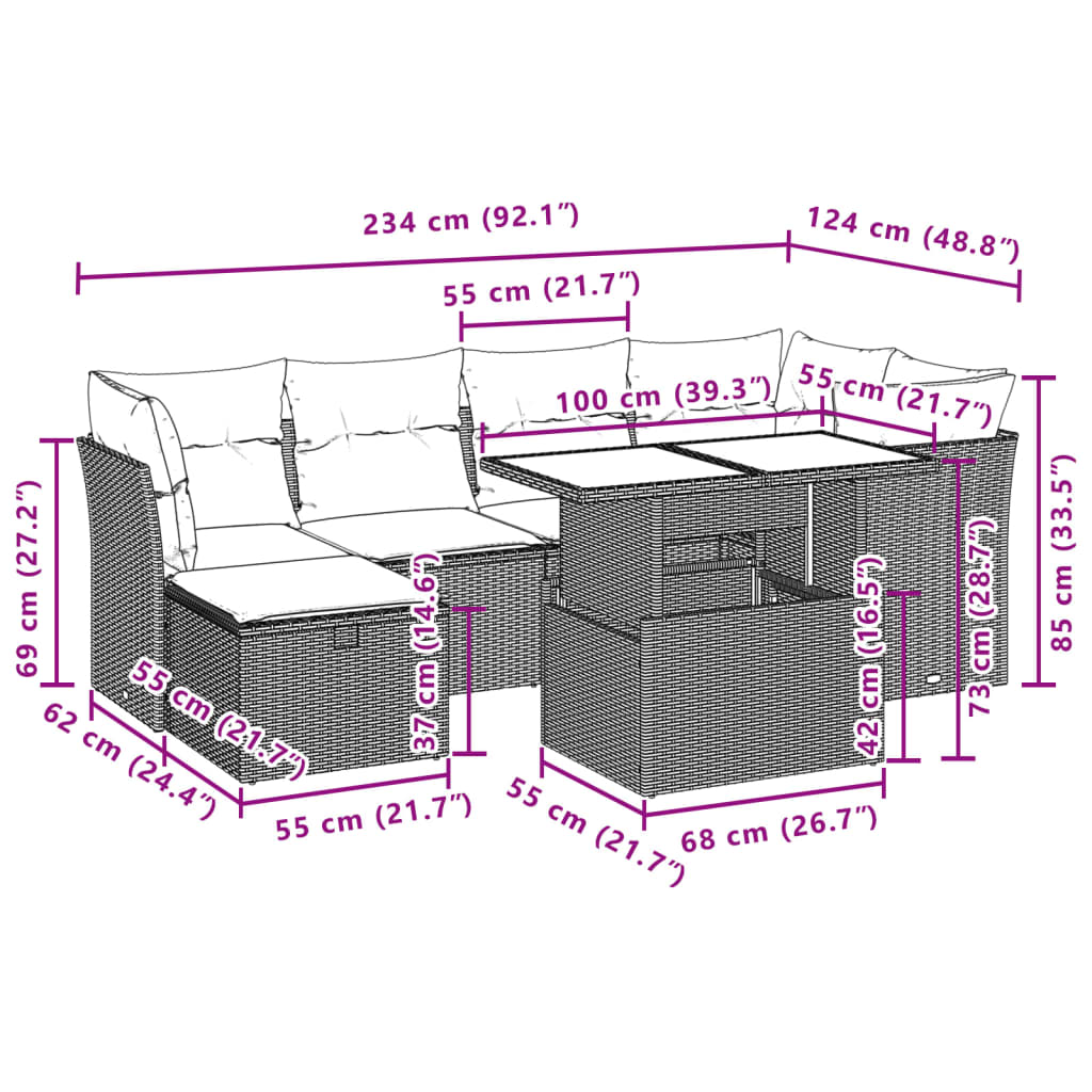 7-delige Loungeset met kussens poly rattan lichtgrijs