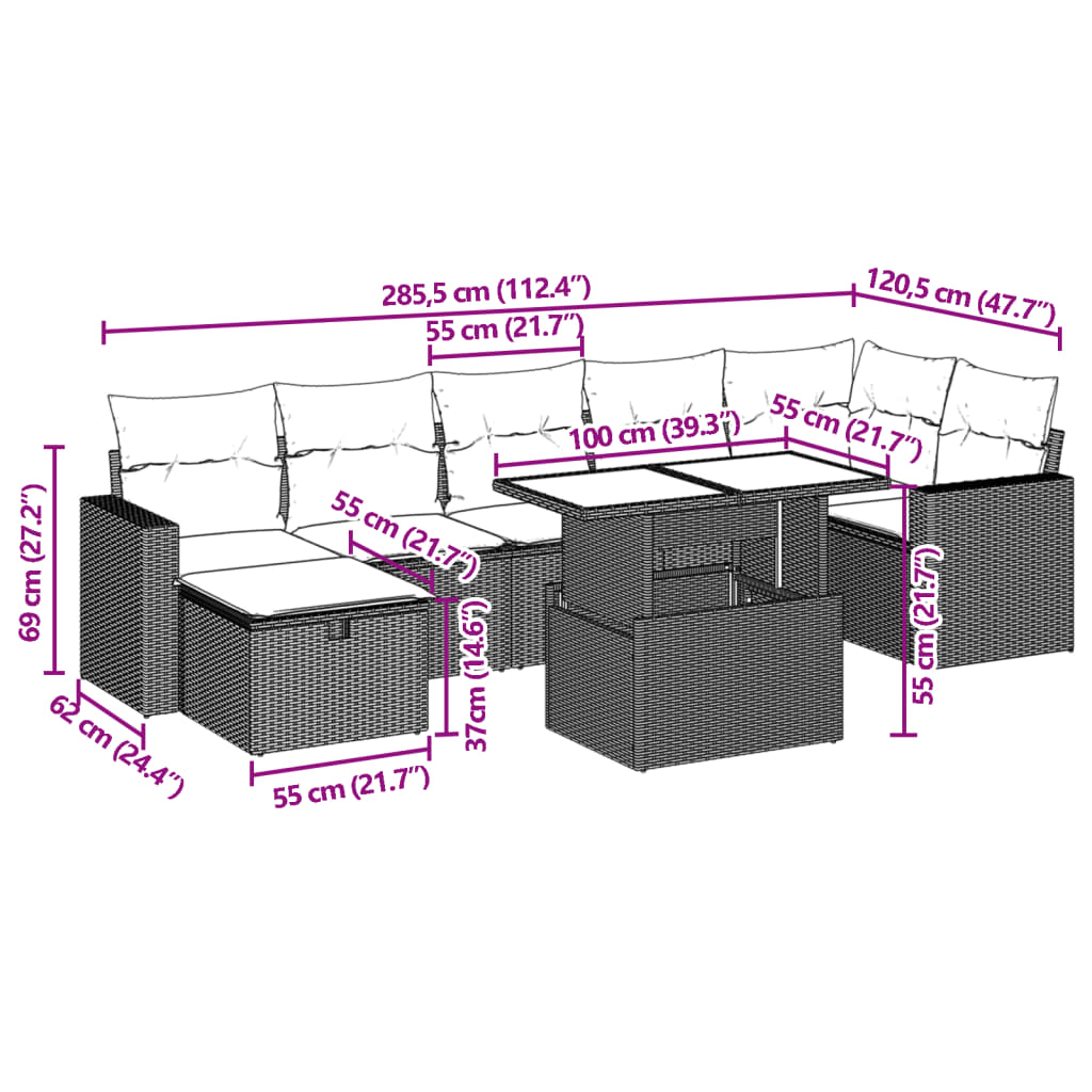 8-delige Loungeset met kussens poly rattan zwart