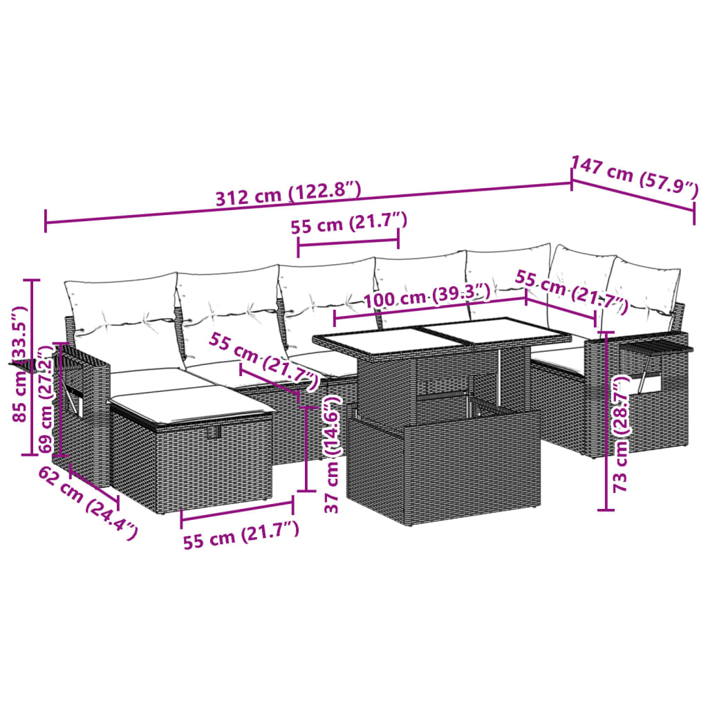 8-delige Loungeset met kussens poly rattan grijs