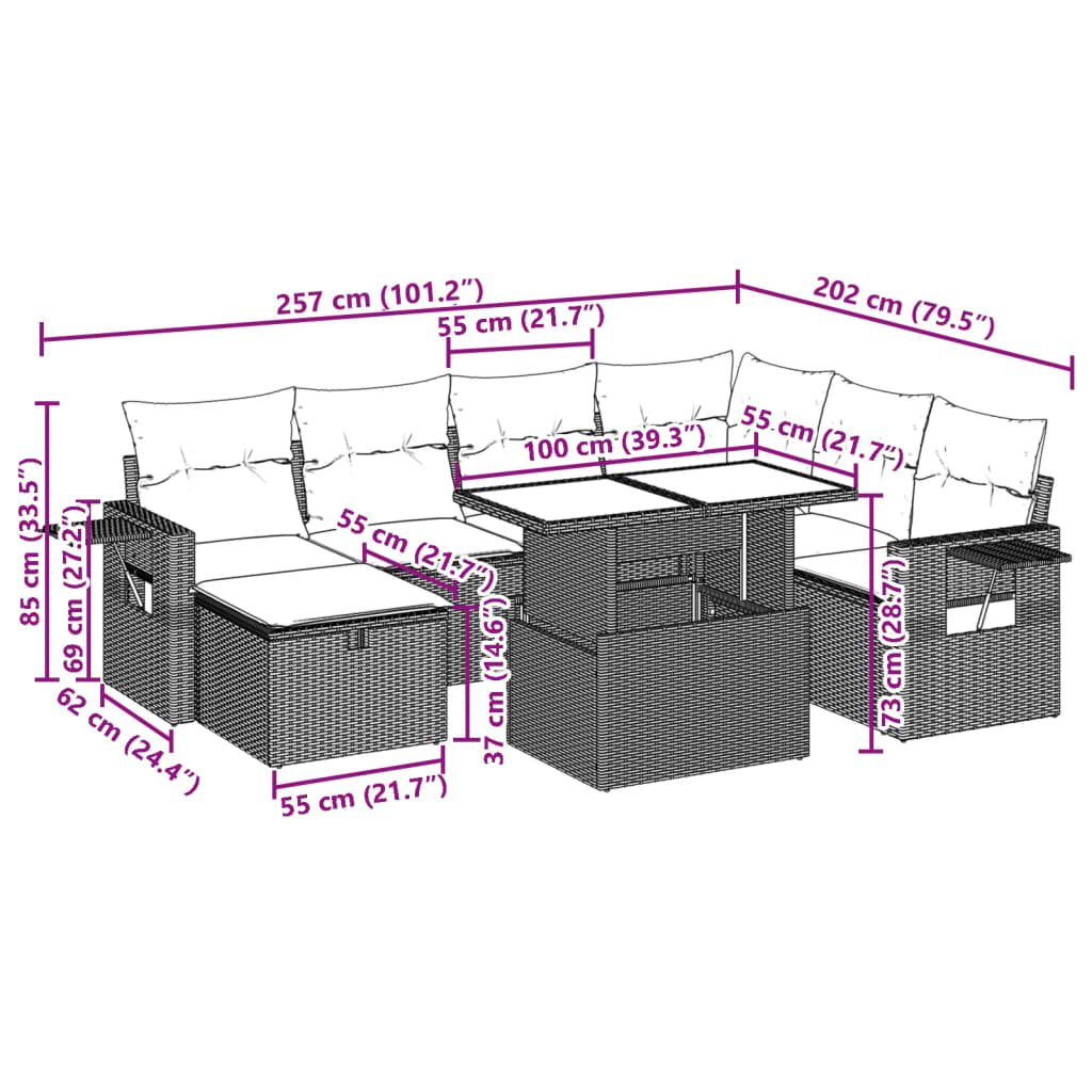8-delige Loungeset met kussens poly rattan zwart