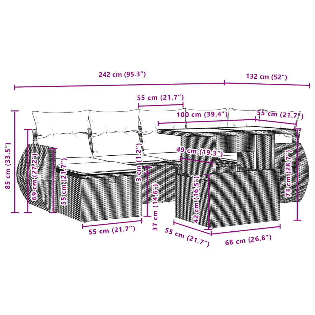 7-delige Loungeset met kussens poly rattan zwart