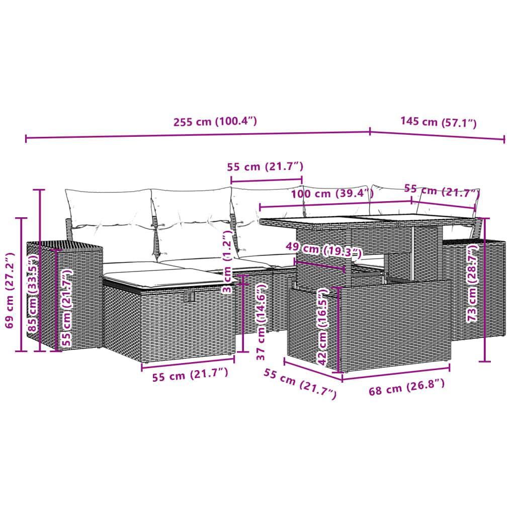7-delige Loungeset met kussens poly rattan zwart