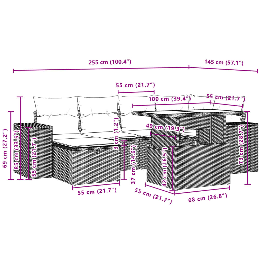 7-delige Loungeset met kussens poly rattan beige