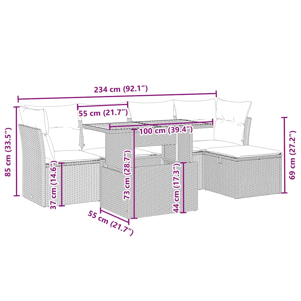 6-delige Loungeset met kussens poly rattan beige