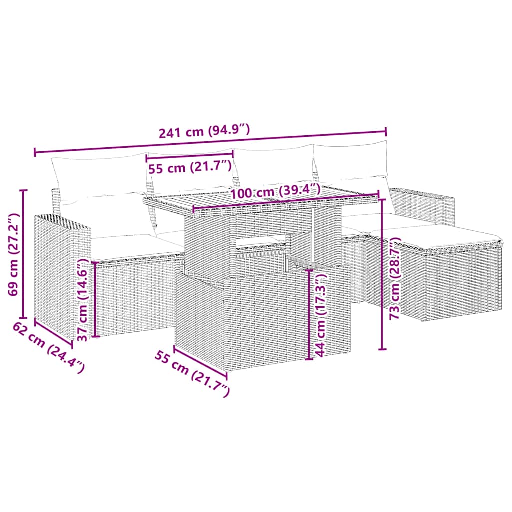 6-delige Loungeset met kussens poly rattan beige