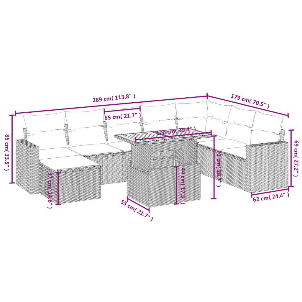 9-delige Loungeset met kussens poly rattan zwart