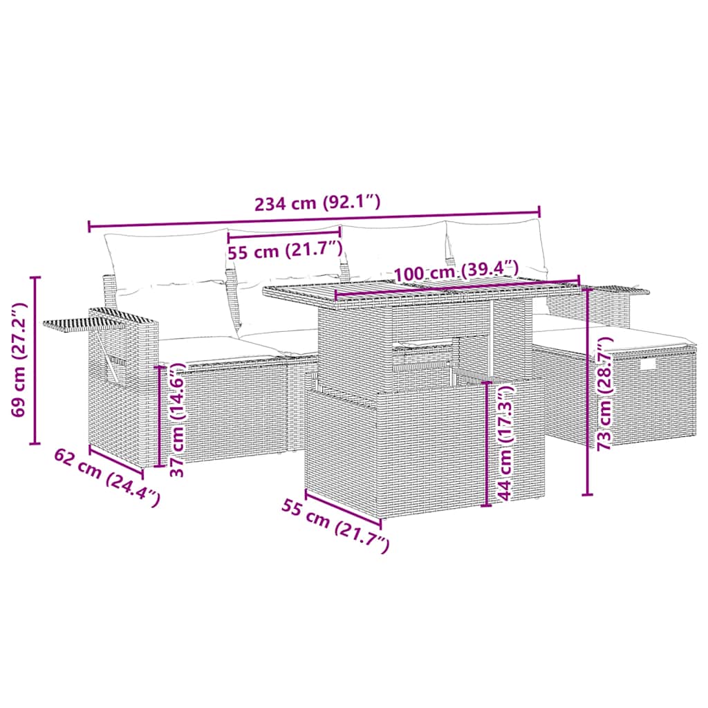 6-delige Loungeset met kussens poly rattan beige