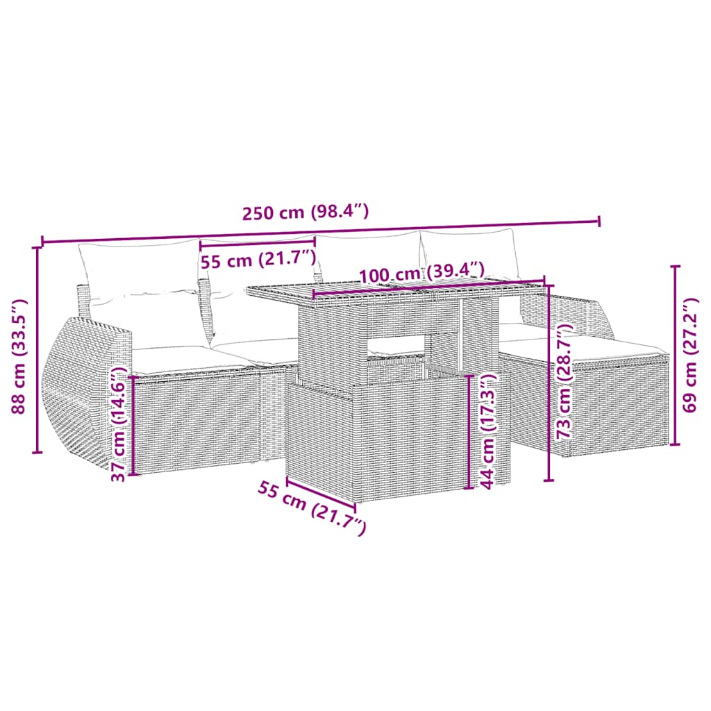 6-delige Loungeset met kussens poly rattan beige