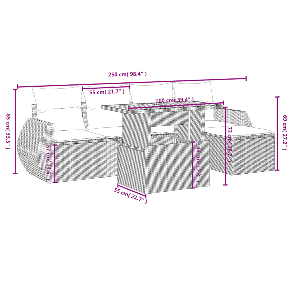 6-delige Loungeset met kussens poly rattan grijs