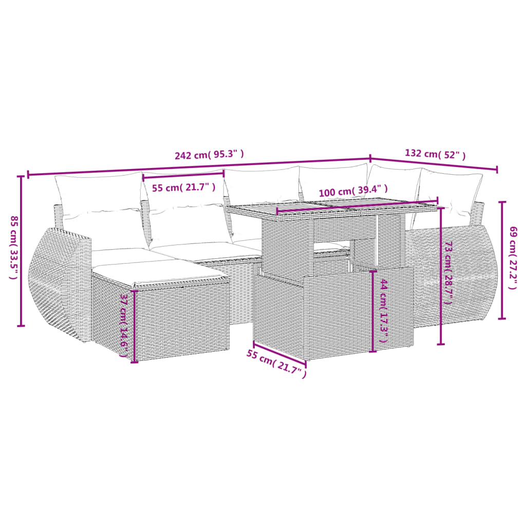 7-delige Loungeset met kussens poly rattan beige