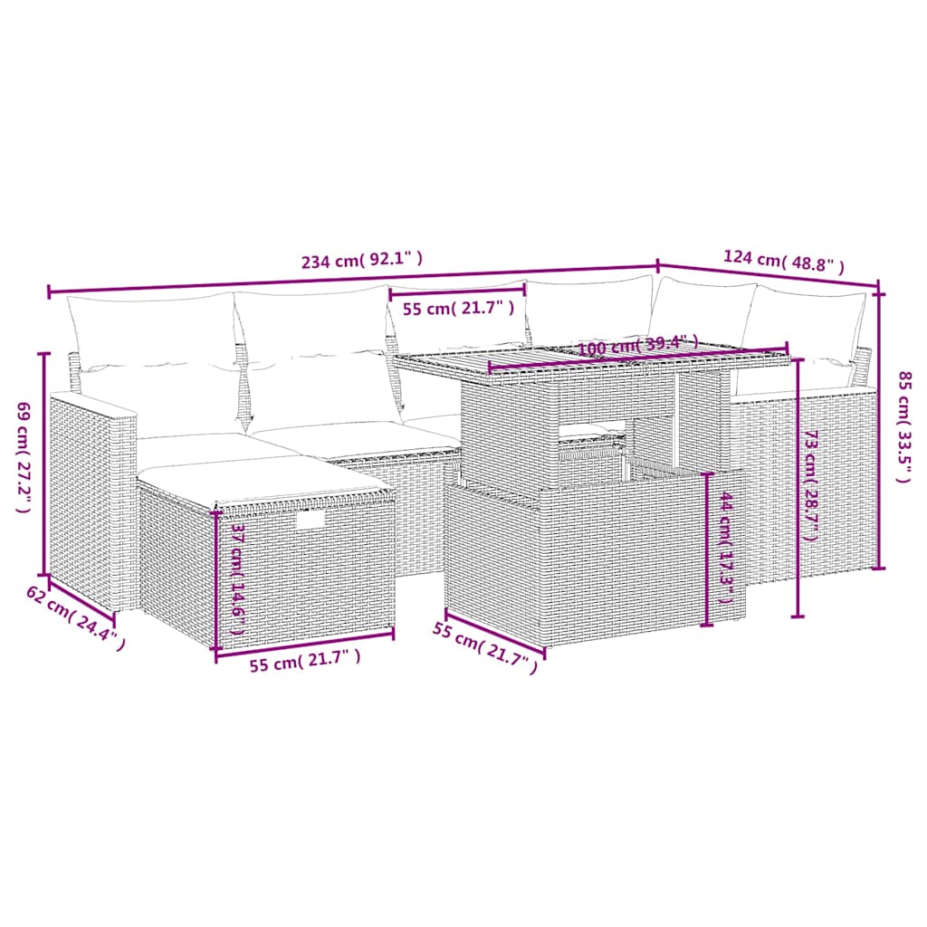 7-delige Loungeset met kussens poly rattan beige
