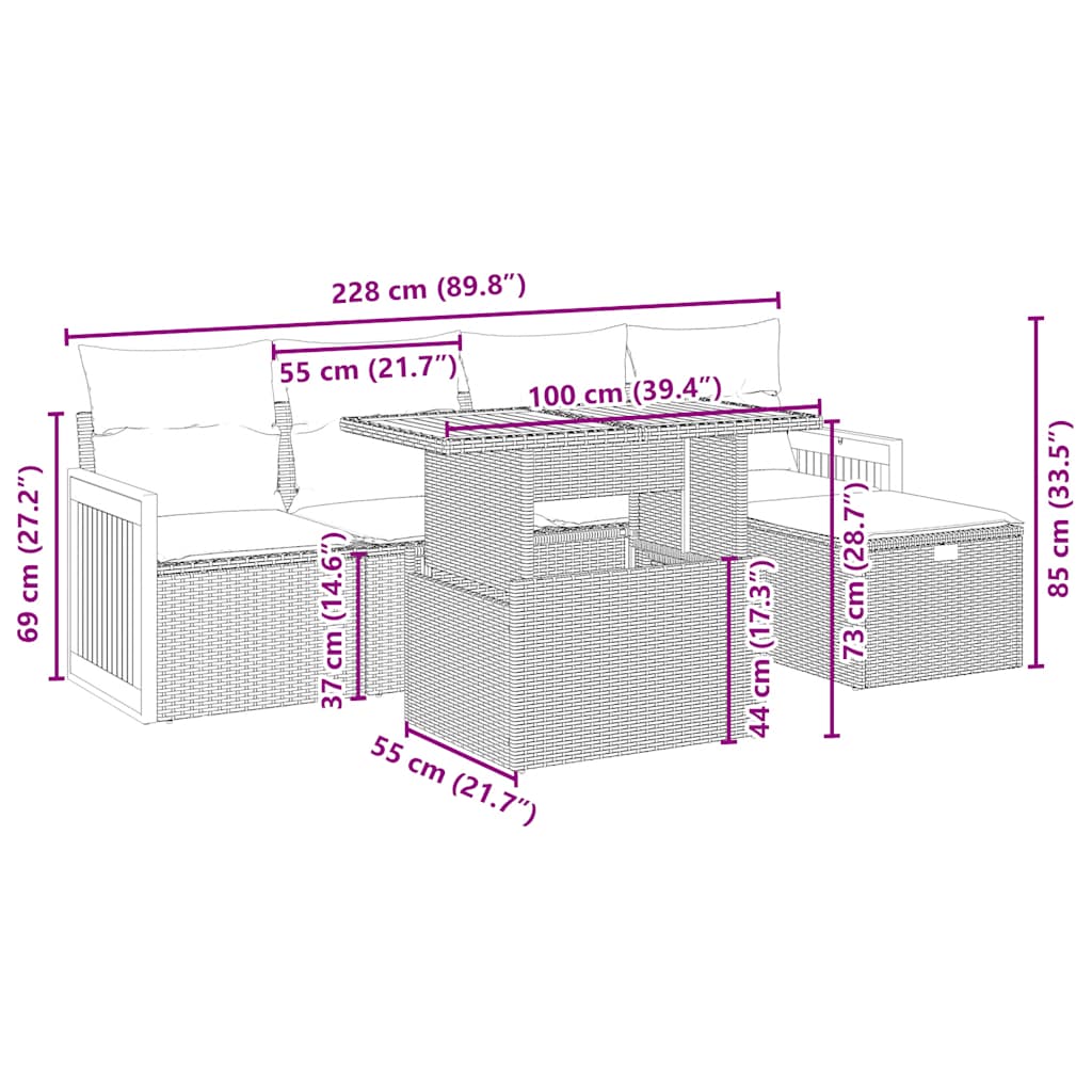 6-delige Loungeset met kussens poly rattan beige