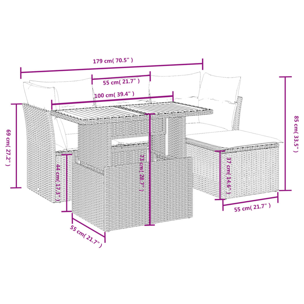 6-delige Loungeset met kussens poly rattan beige