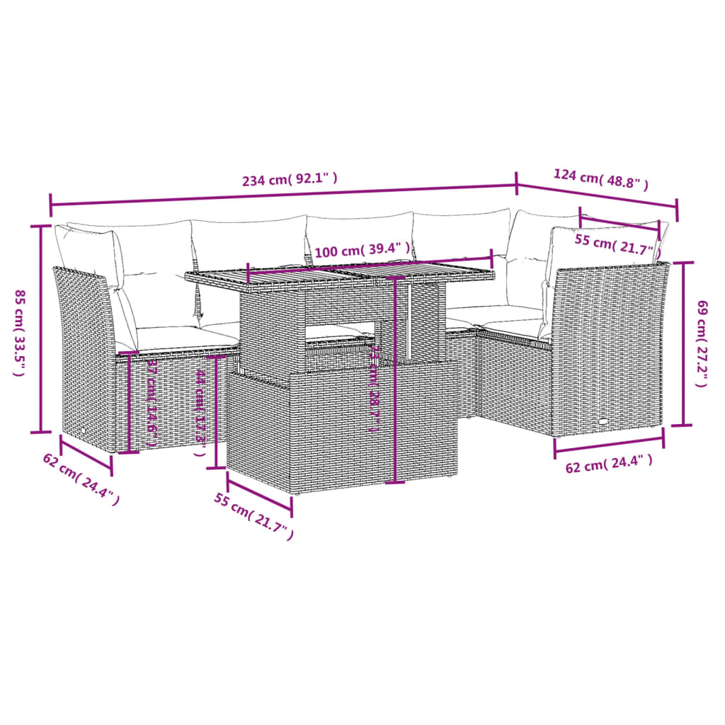 5-delige Loungeset met kussens poly rattan beige