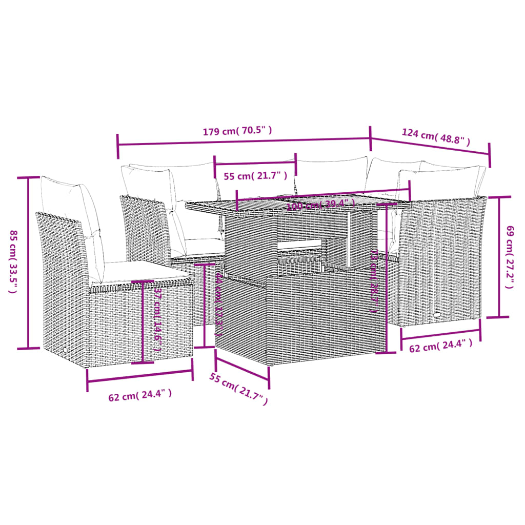 5-delige Loungeset met kussens poly rattan beige