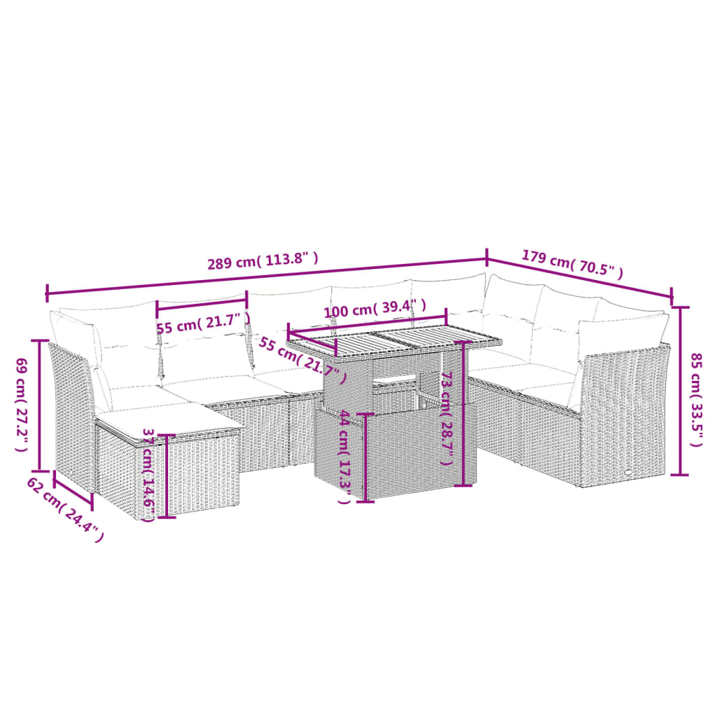 9-delige Loungeset met kussens poly rattan beige