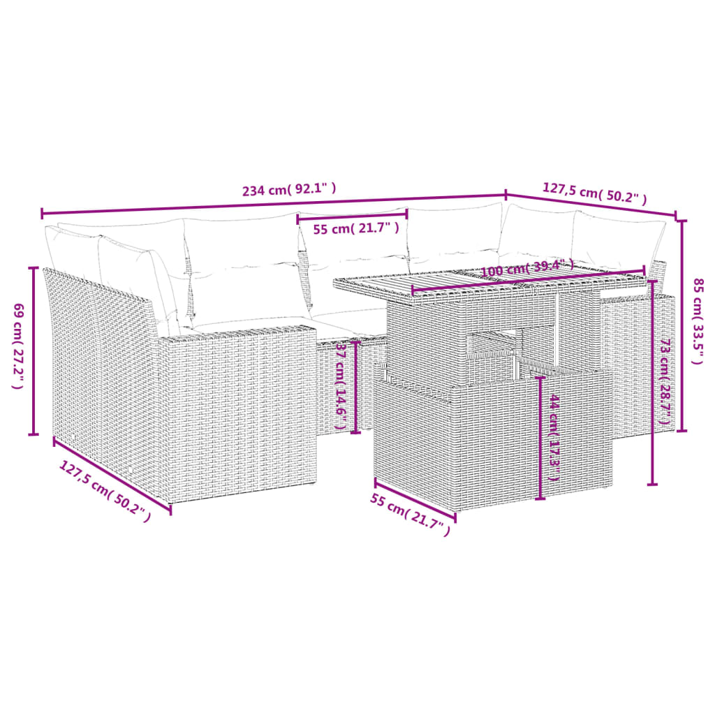 7-delige Loungeset met kussens poly rattan grijs