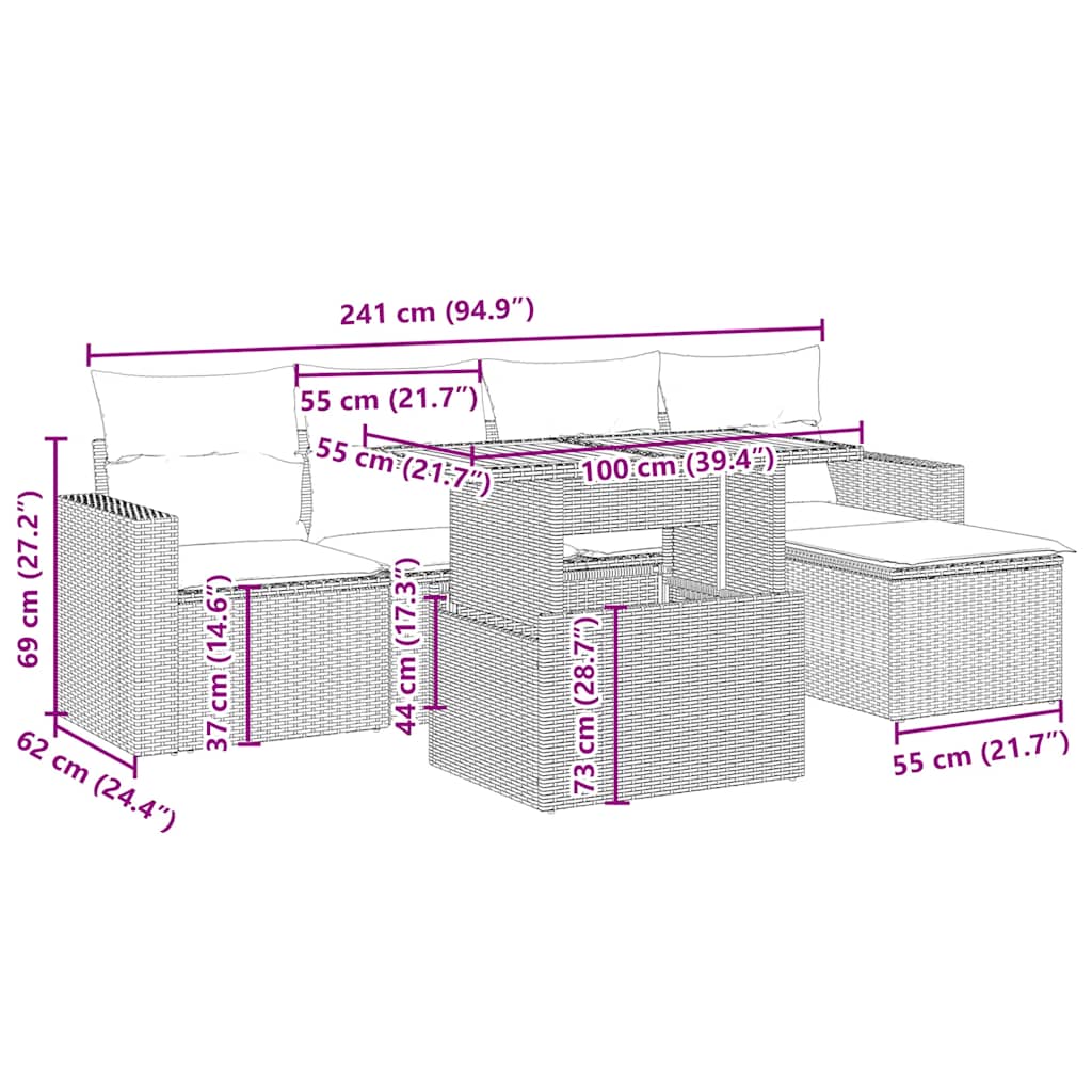6-delige Loungeset met kussens poly rattan beige