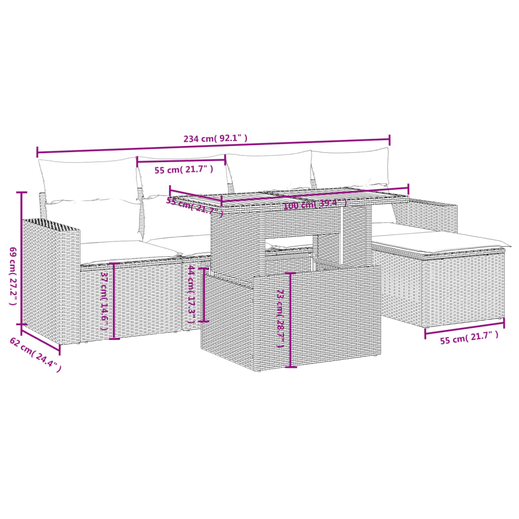 6-delige Loungeset met kussens poly rattan grijs