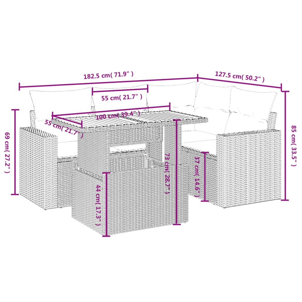 5-delige Loungeset met kussens poly rattan beige