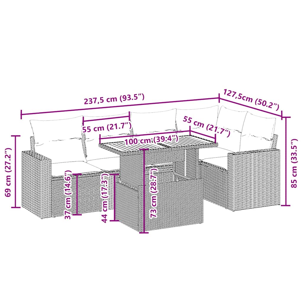 6-delige Loungeset met kussens poly rattan beige