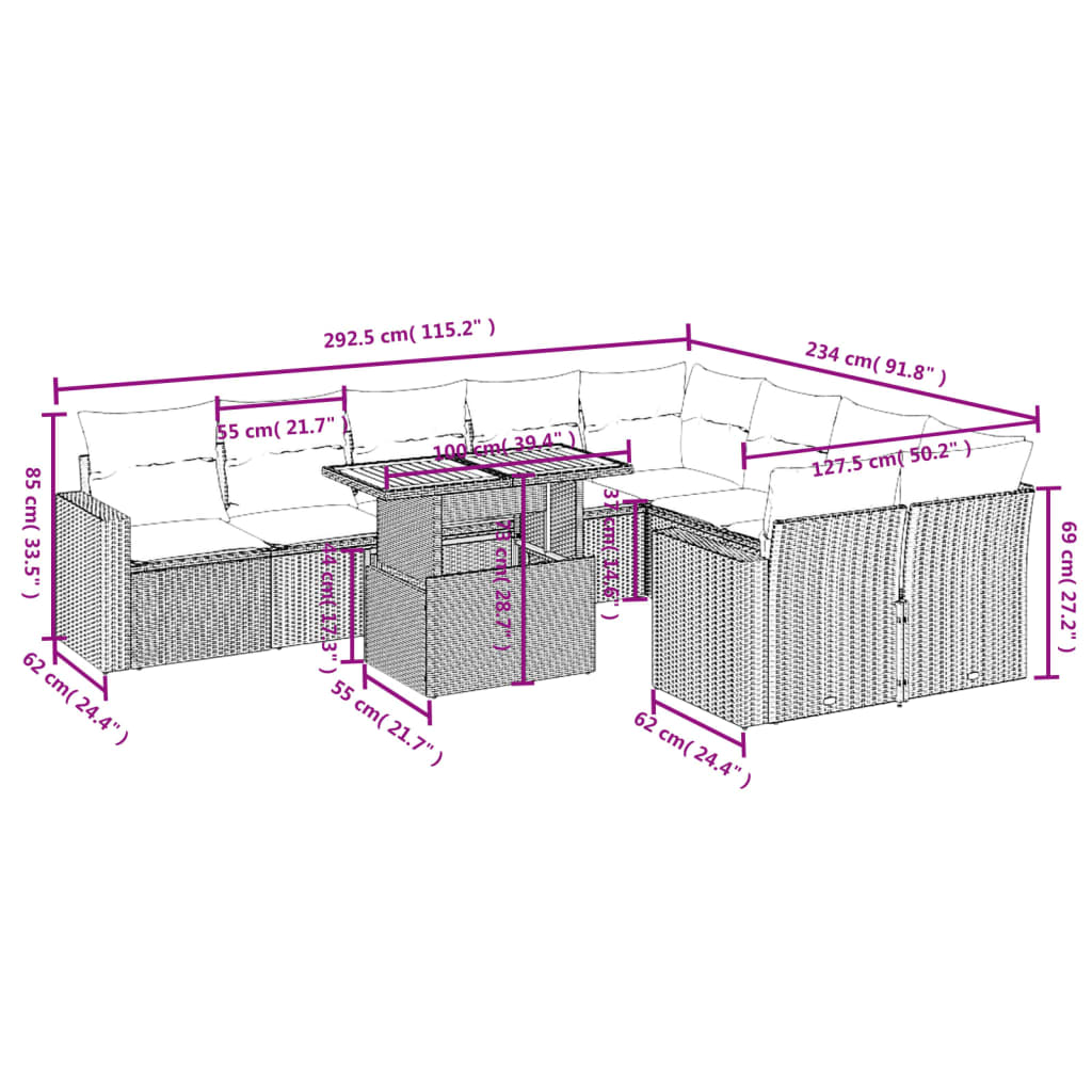 10-delige Loungeset met kussens poly rattan grijs