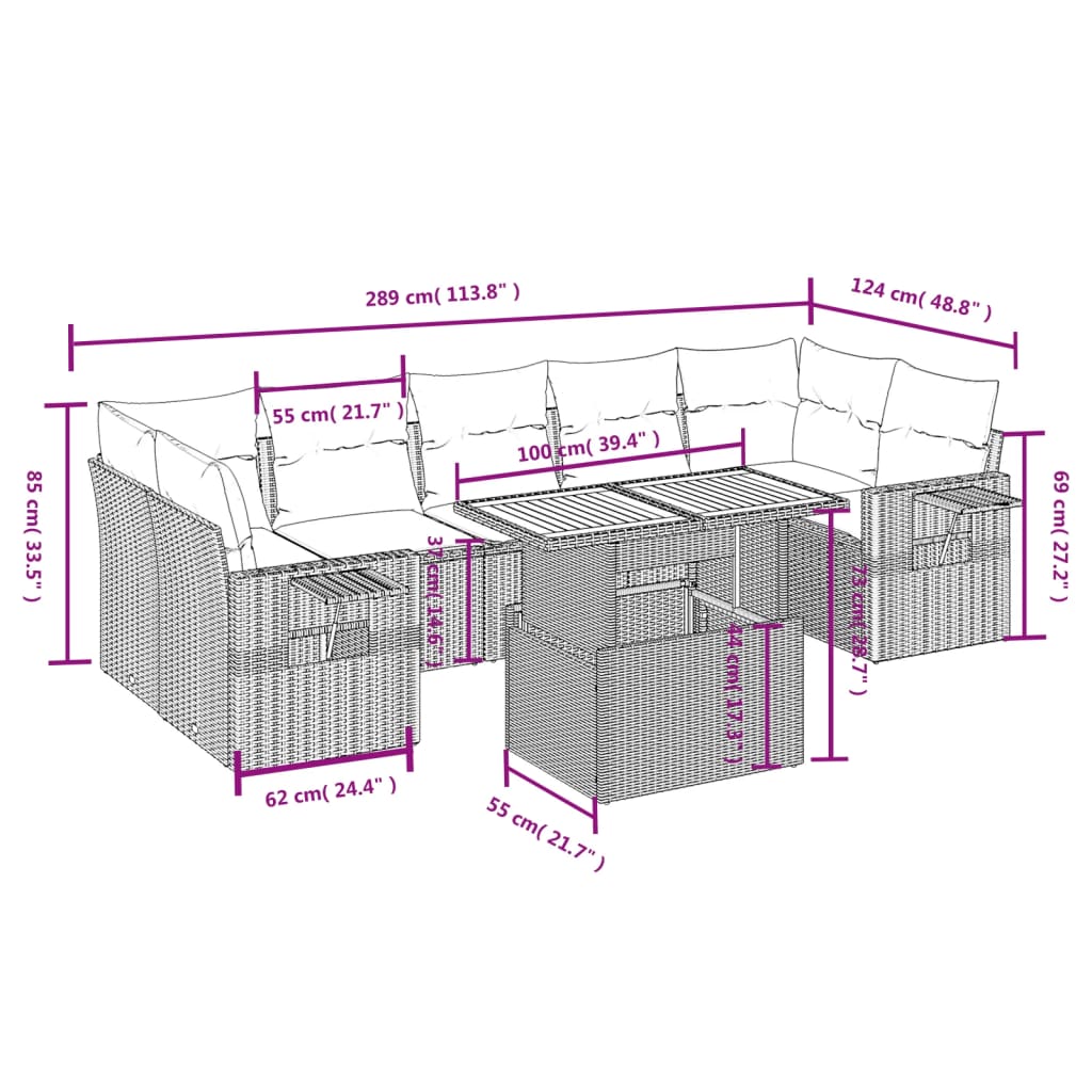 8-delige Loungeset met kussens poly rattan beige