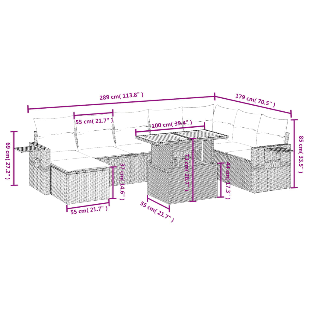 9-delige Loungeset met kussens poly rattan grijs