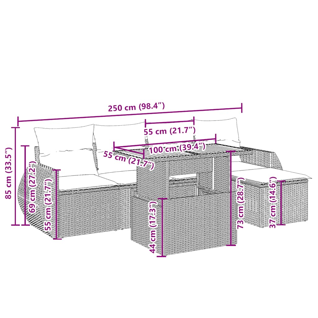 6-delige Loungeset met kussens poly rattan beige