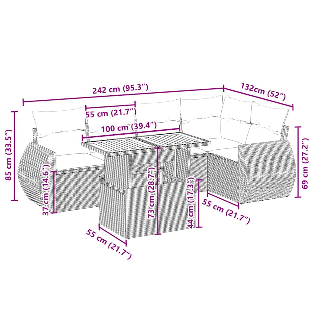 6-delige Loungeset met kussens poly rattan beige