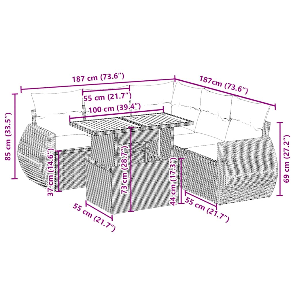 6-delige Loungeset met kussens poly rattan beige