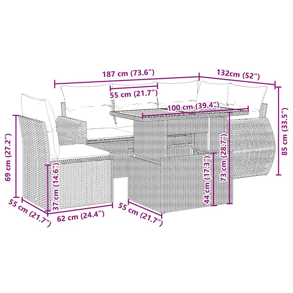 6-delige Loungeset met kussens poly rattan beige