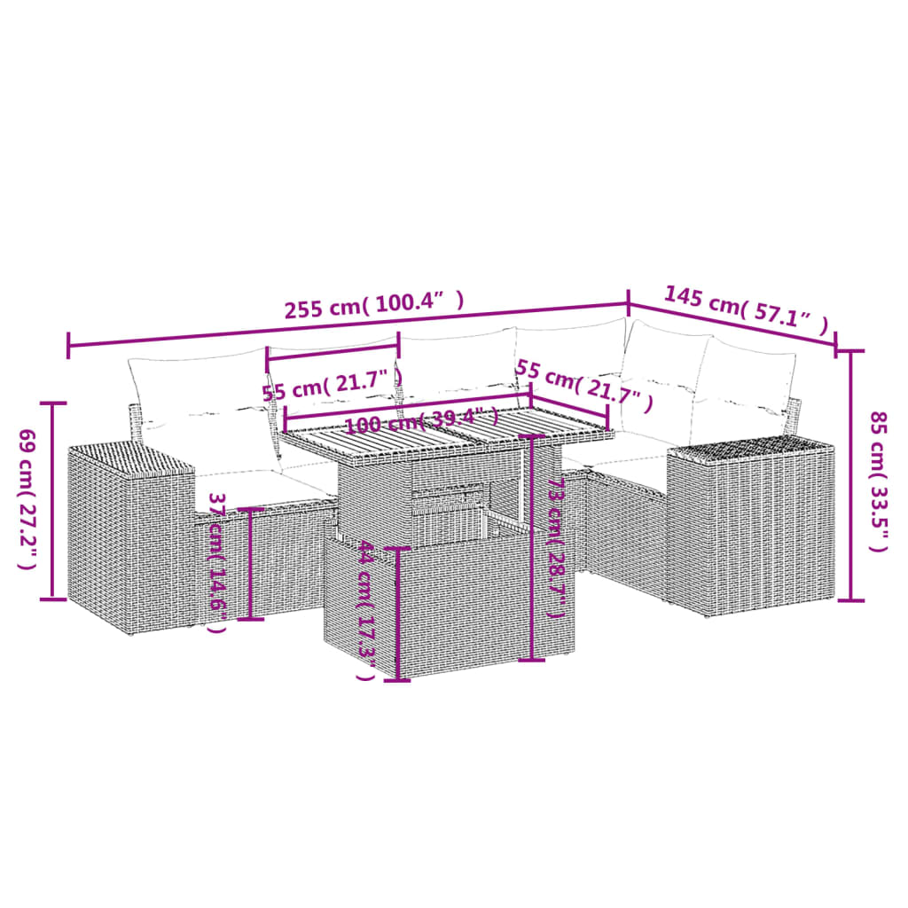 6-delige Loungeset met kussens poly rattan beige