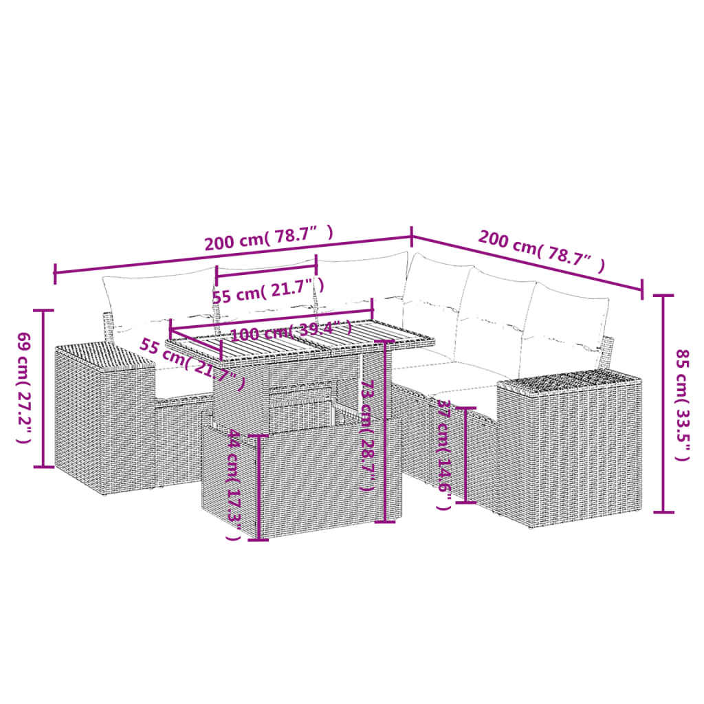 6-delige Loungeset met kussens poly rattan beige