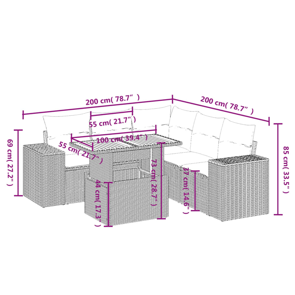 6-delige Loungeset met kussens poly rattan beige