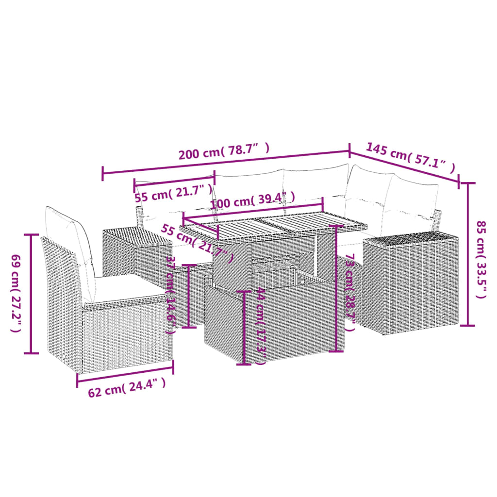 6-delige Loungeset met kussens poly rattan beige