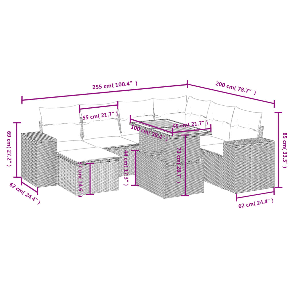 8-delige Loungeset met kussens poly rattan beige