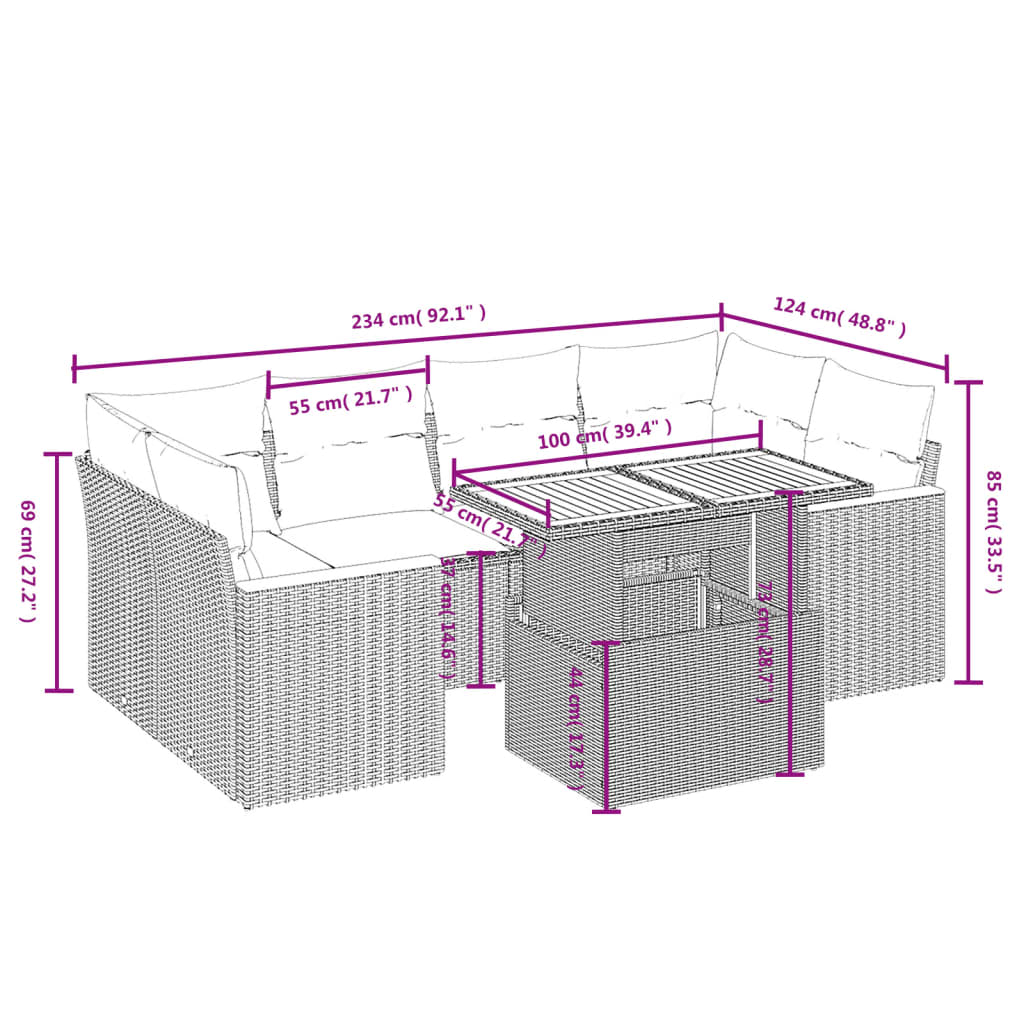 7-delige Loungeset met kussens poly rattan beige