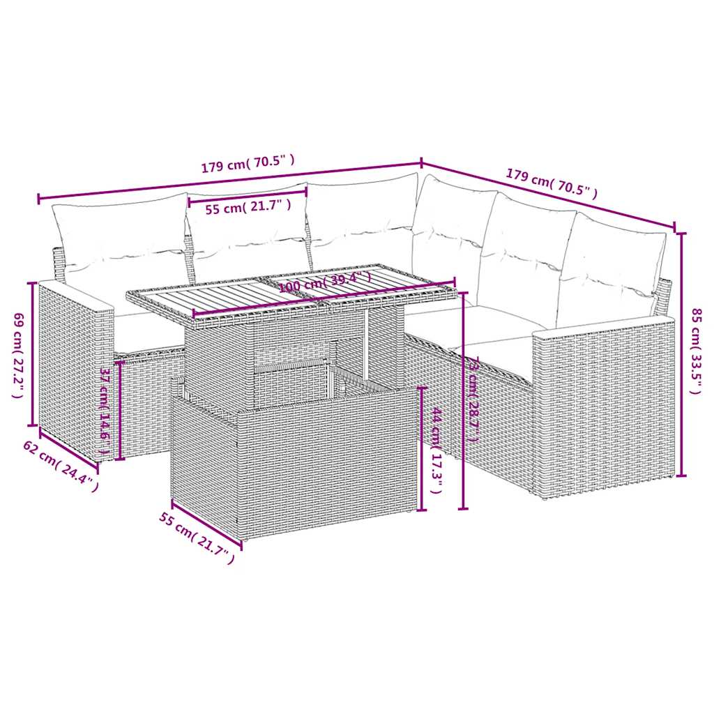 6-delige Loungeset met kussens poly rattan beige