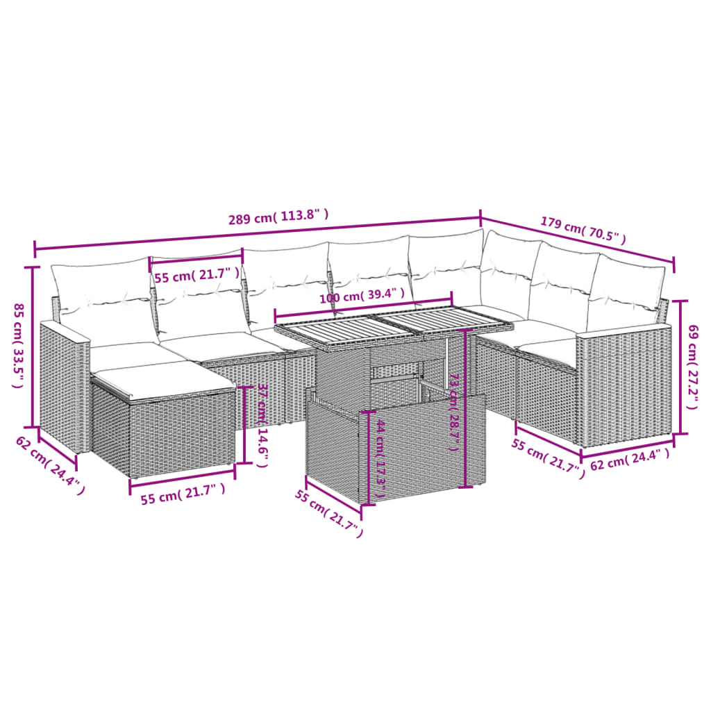 9-delige Loungeset met kussens poly rattan beige