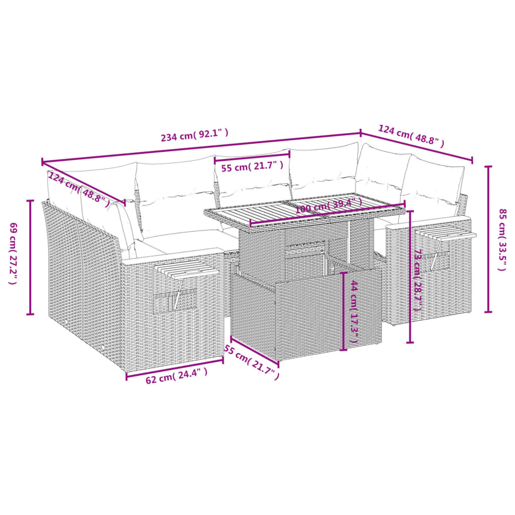 7-delige Loungeset met kussens poly rattan beige